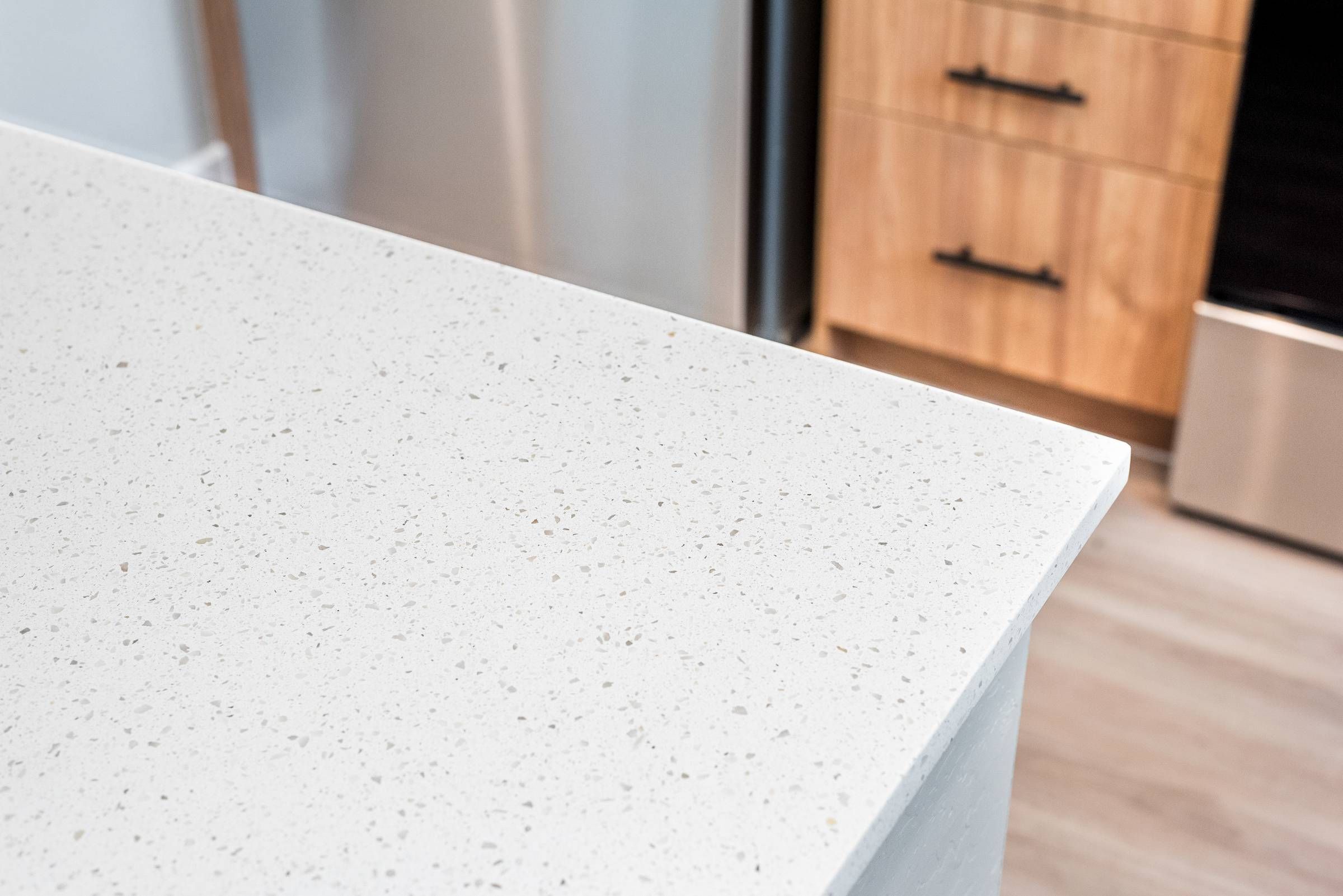 Sonita Close-up of a white speckled quartz kitchen countertop with cabinets and appliances in the background.