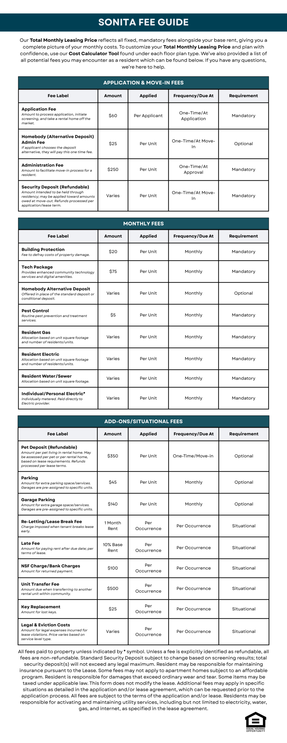 Sonita apartments A detailed fee guide table for Sonita apartments lists application, monthly, and optional fees in columns with descriptions and amounts.